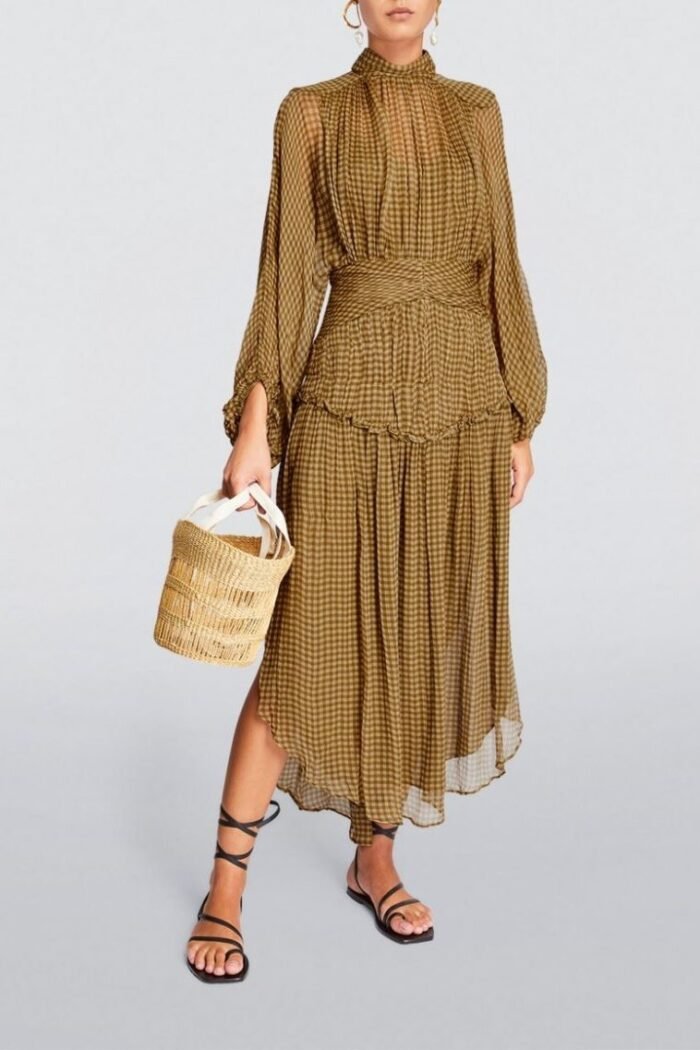 Eliza Plaids Printed Chiffon Belted Midi Dress - Image 1