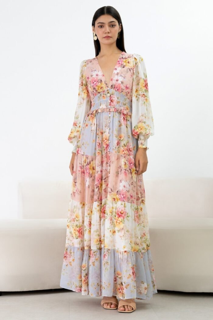 Elvira Printed Shirred V-neck Tiered Maxi Dress - Image 2