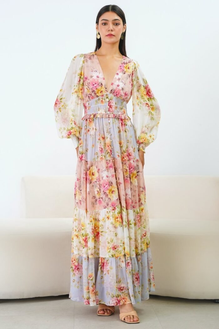 Elvira Printed Shirred V-neck Tiered Maxi Dress - Image 1