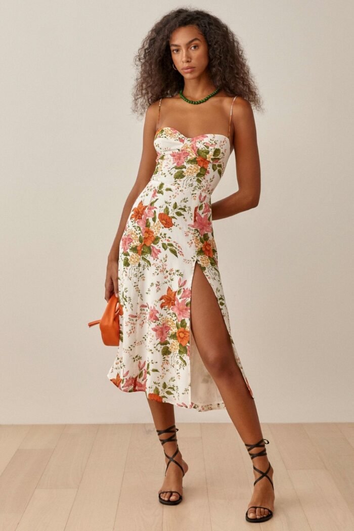 Erica Printed Lace Up Slit Midi Dress - Image 1