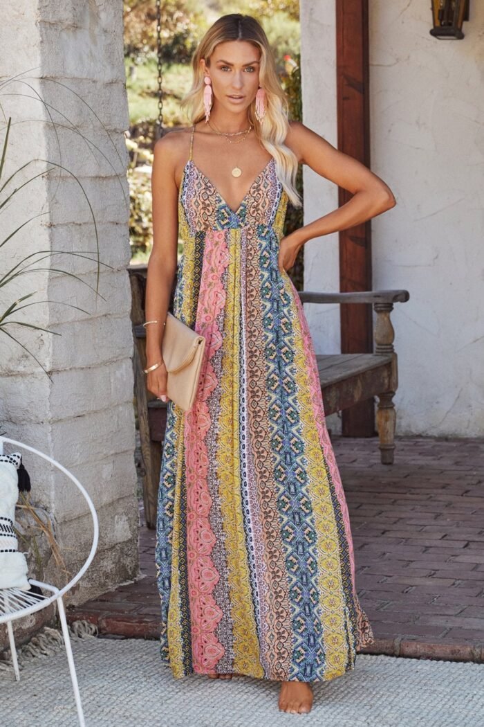Freda Print Stripe Backless Maxi Sundress - Image 1