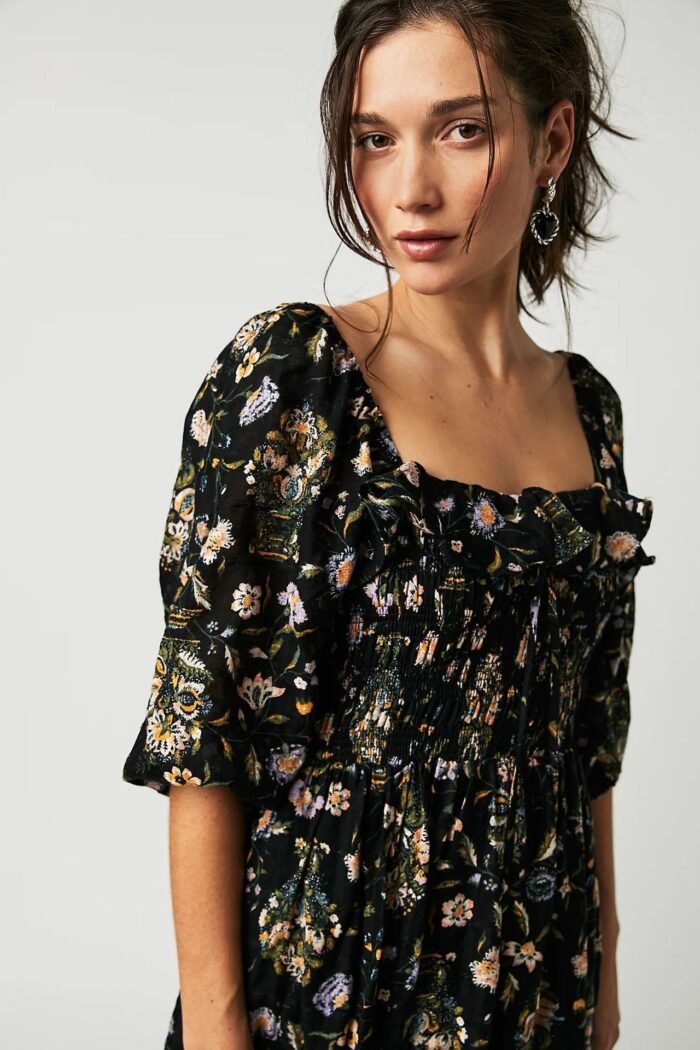 Iris Printed Shirred Bodice Ruffle Midi Dress - Image 4