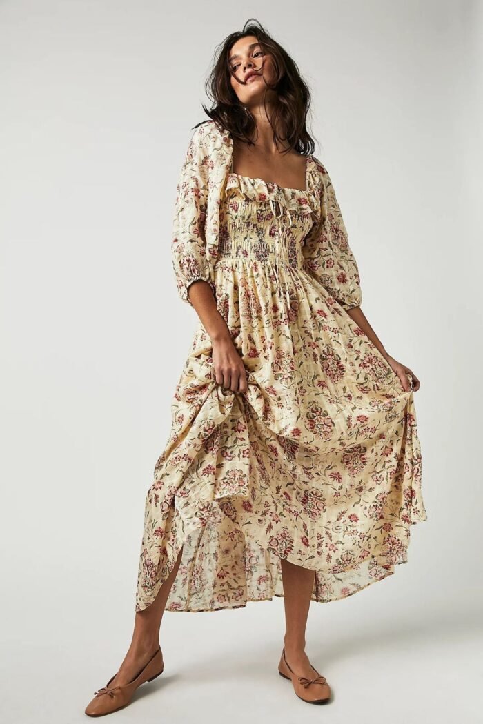 Iris Printed Shirred Bodice Ruffle Midi Dress - Image 1