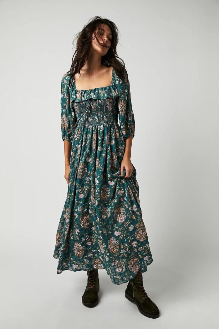 Iris Printed Shirred Bodice Ruffle Midi Dress - Image 6