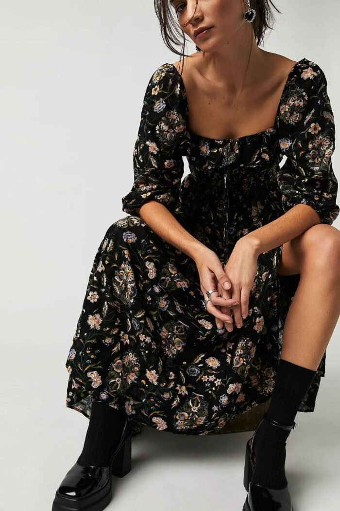 Iris Printed Shirred Bodice Ruffle Midi Dress - Image 7