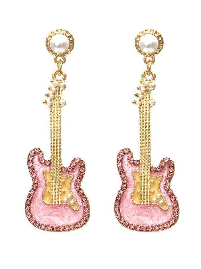 Pink Guitar Diamante Drop Earrings - Image 1