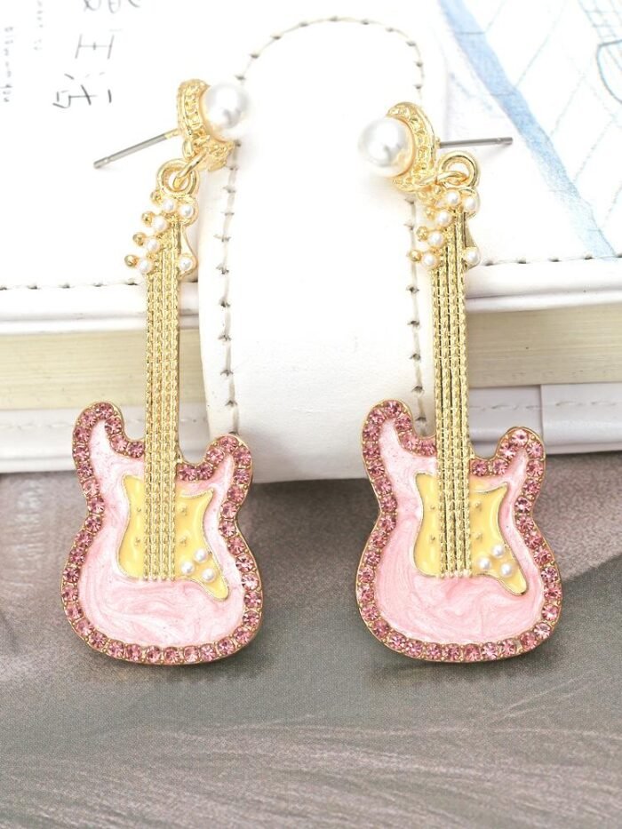 Pink Guitar Diamante Drop Earrings - Image 3