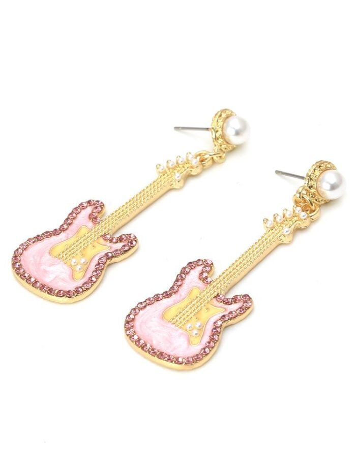 Pink Guitar Diamante Drop Earrings - Image 2