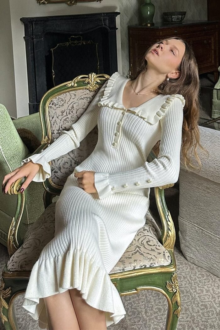 Sicily Ruffle Pearl Midi Knit Dress - Image 11