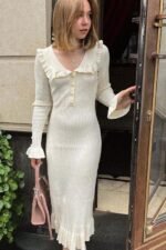 Sicily Ruffle Pearl Midi Knit Dress - Image 10