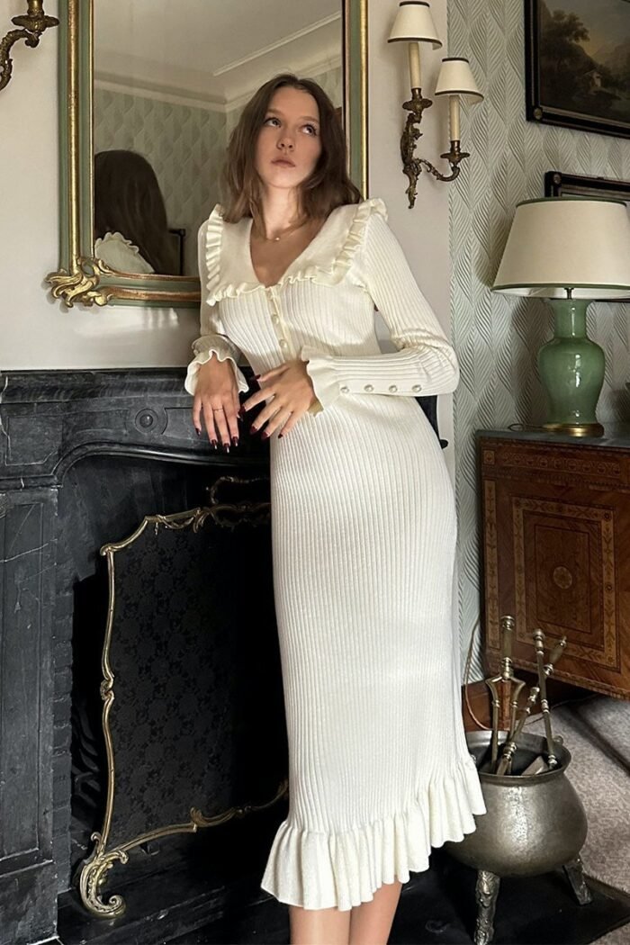 Sicily Ruffle Pearl Midi Knit Dress - Image 2