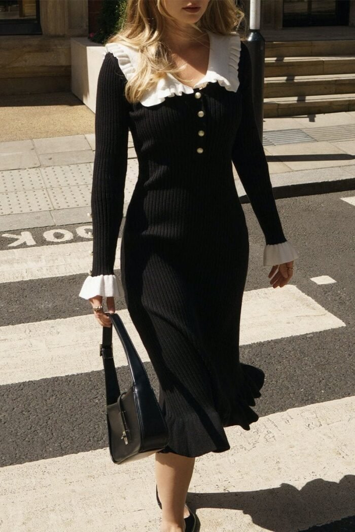 Sicily Ruffle Pearl Midi Knit Dress - Image 1