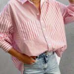 Casual Loose Fashion Stripe Print Elegant Turn-Down Collar Cardigan Shirt