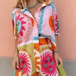 Ethnic Print Casual Lace Collar Shirt Shorts Suit