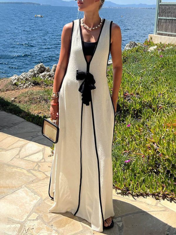 Contrast Color Self-Tie Flowy Oversized Maxi Dress