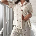 Cherry Print Contrast Piping Blouse & Pants Pajamas Set