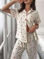 Cherry Print Contrast Piping Blouse & Pants Pajamas Set