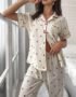 Cherry Print Contrast Piping Blouse & Pants Pajamas Set