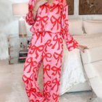 Bow Print Lapel Home Pajamas Set