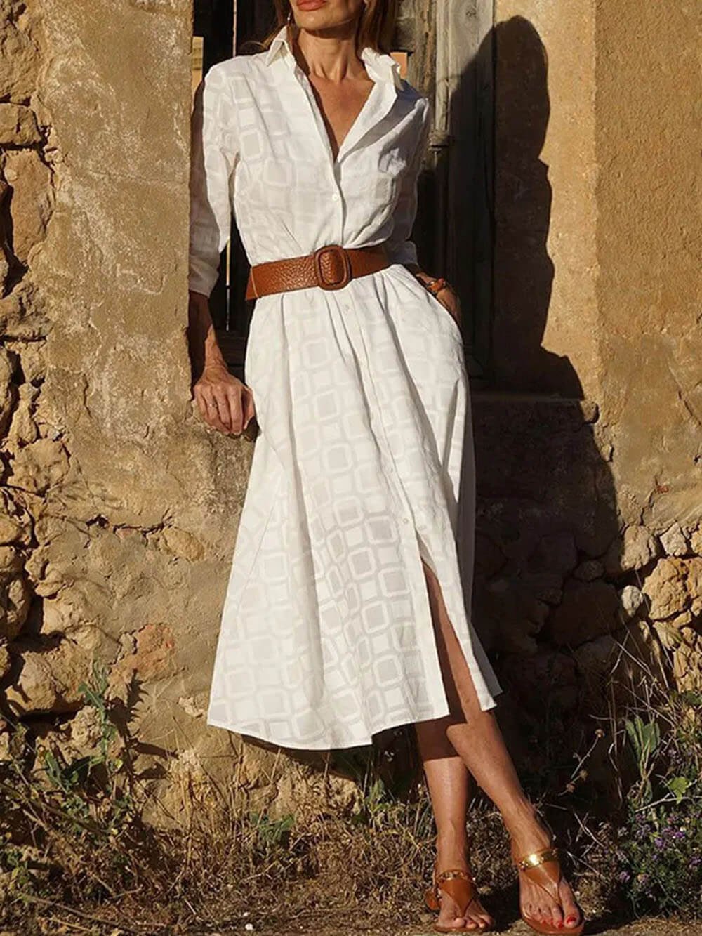 Check Print Belt Button Pocket Long Sleeve Midi Dress Check Print Belt Button Pocket Long Sleeve Midi Dress