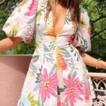 Floral Print Puff Sleeve Pocketed Mini Dress