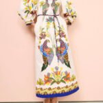 Exquisite And Fun Printed Puff Sleeves Loose Casual Midi Dress