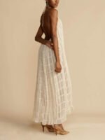 Charming Pleated Drawstring Waist Tiered Halterneck Midi Dress