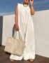 Solid Color Loose Casual Sleeveless Round Neck Wide Leg Trousers Jumpsuit